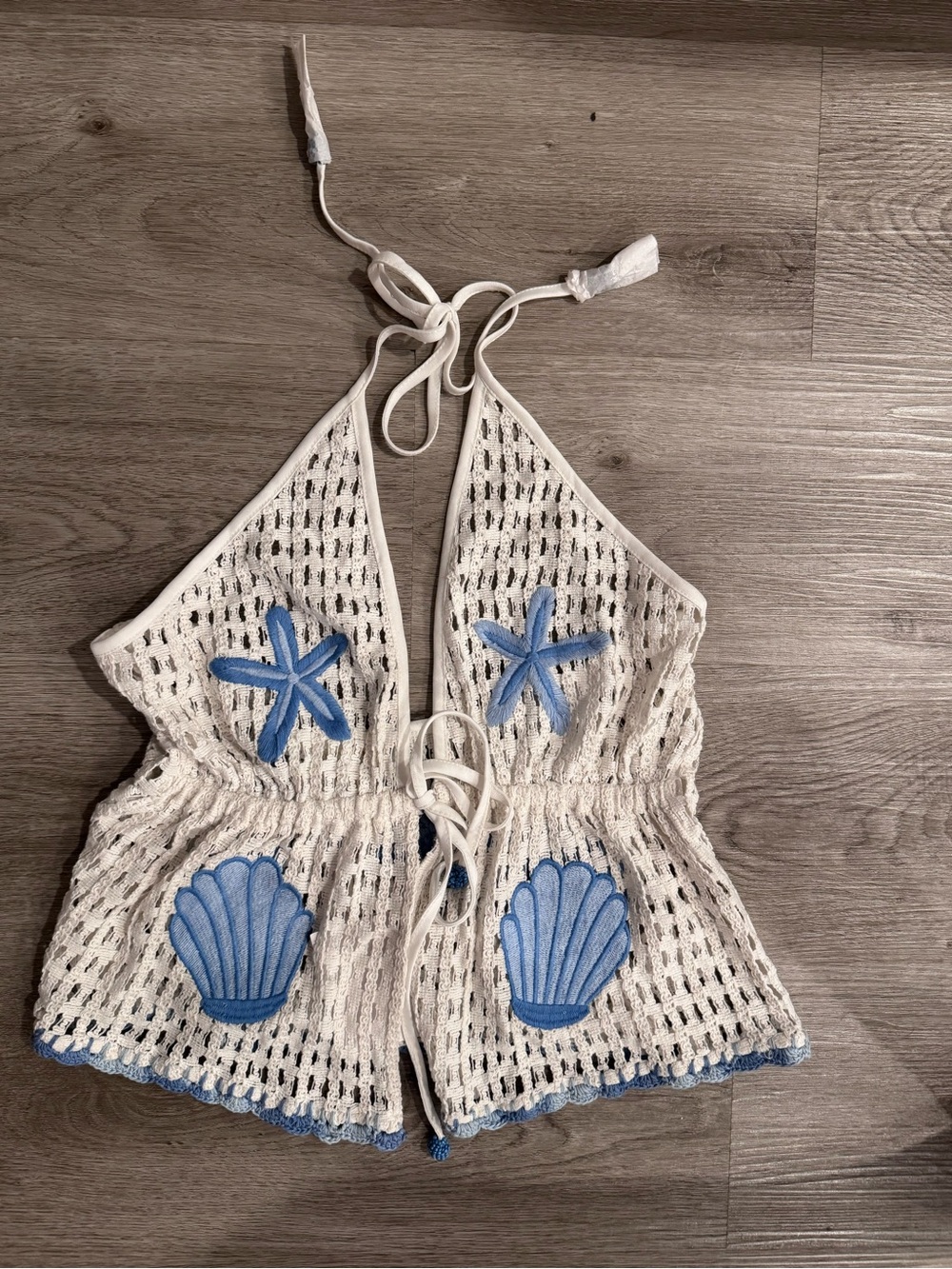 Surf Gypsy White Crochet Halter Tunic with Blue Shell & Starfish Appliqué